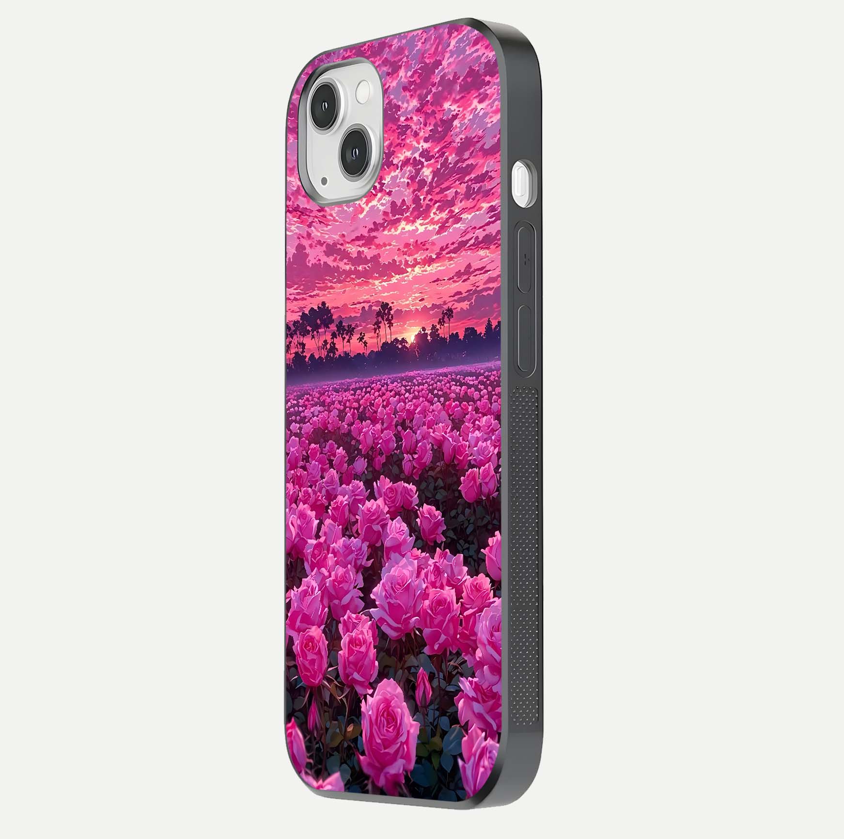 Rose Sunset Valley Glass Case for iPhone 14 Plus side-angle image showing smooth edges and floral glow