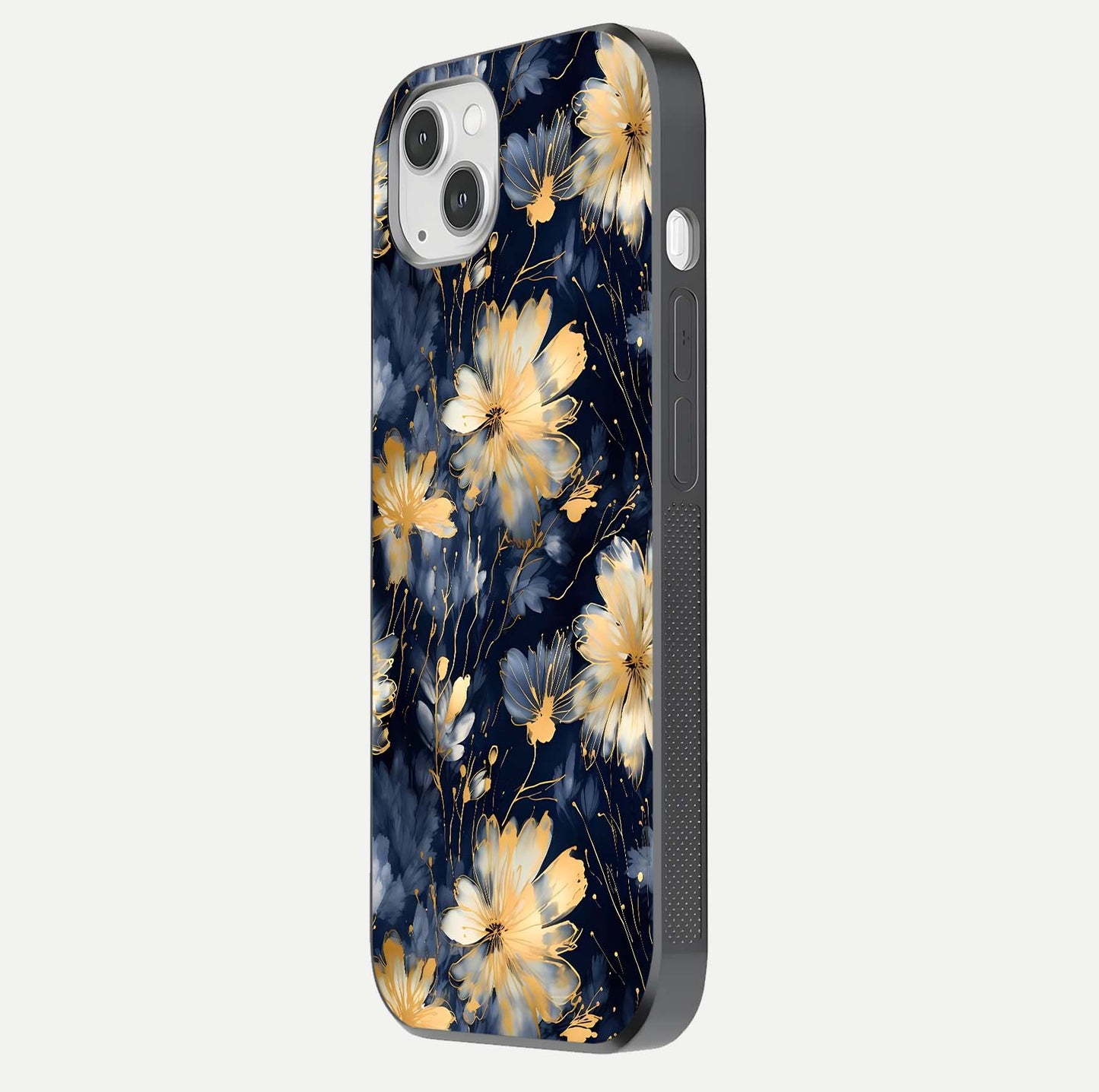 Royal Petal Dream Glass Case for iPhone 14 Plus side-angle image showing smooth edges and royal bloom details