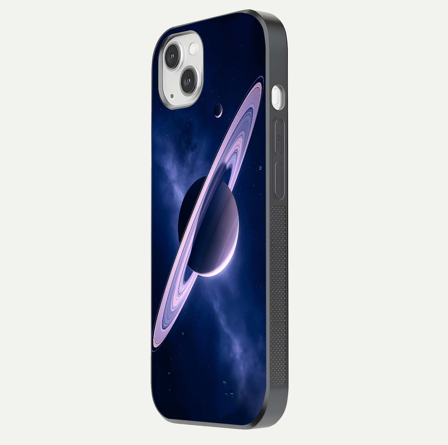 Saturn Ring Mystique Glass Case for iPhone 14 Plus side-angle image showing shine and galaxy ring focus