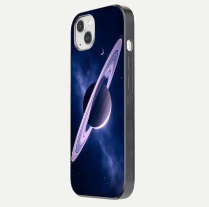 Saturn Ring Mystique Glass Case for iPhone 14 Plus side-angle image showing shine and galaxy ring focus