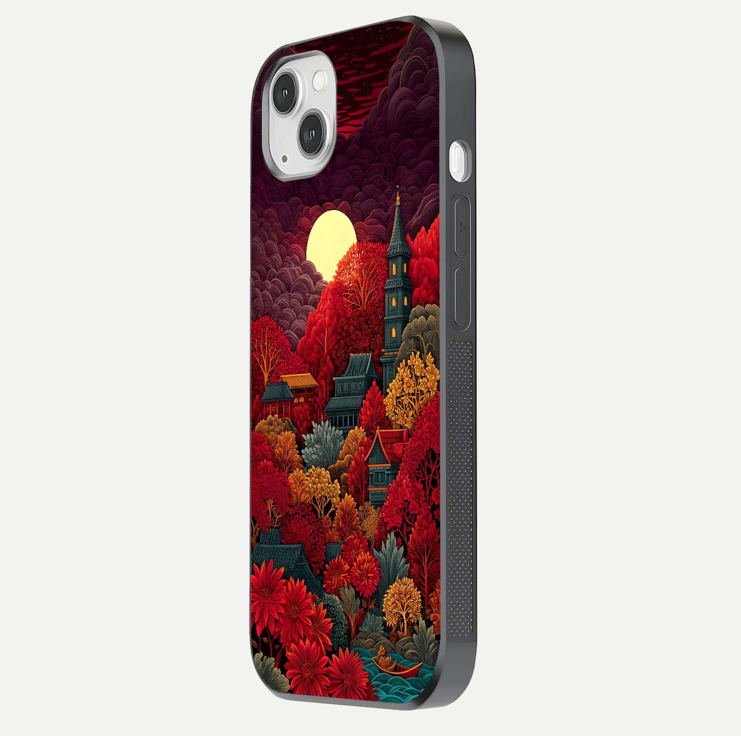 Scarlet Autumn Temple Glass Case for iPhone 14 Plus side-angle image showing color depth and reflection clarity
