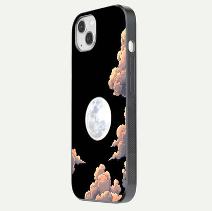 Shade Cloud Moon Glass Case for iPhone 14 Plus side-angle image showing reflection and night-sky detail