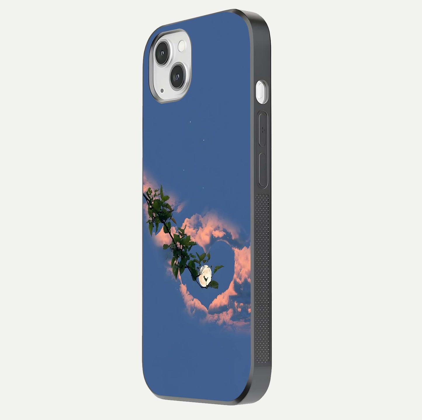Sky Under Tree Glass Case for iPhone 14 Plus side-angle image showing shine, edge texture, and scenic detail