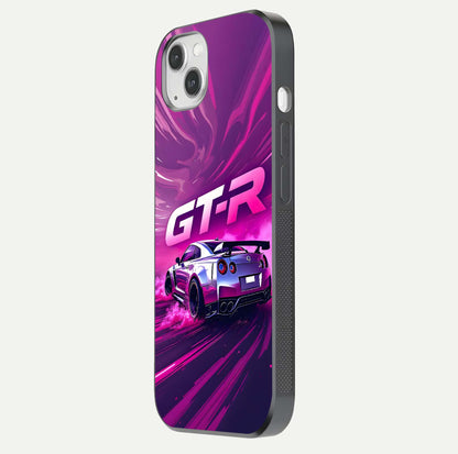 Speed Drift Legend Glass Case for iPhone 14 Plus side-angle image showing car print reflection and surface gloss