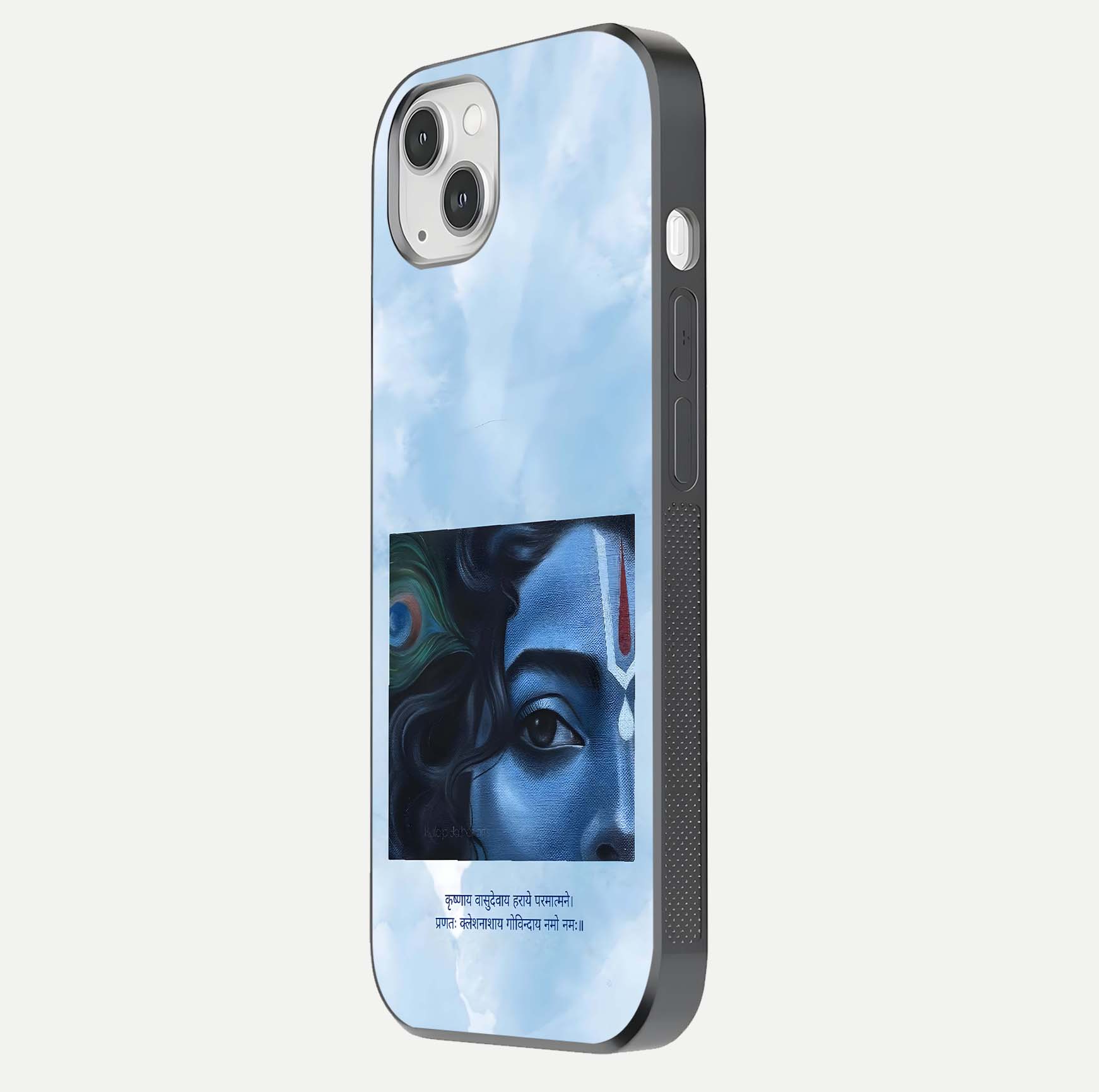 Spiritual Krishna Glass Case for iPhone 16 Pro side-angle image showing reflection and vivid artwork clarity