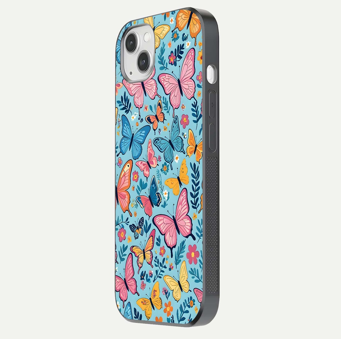 Spring Wing Garden Glass Case for iPhone 14 Plus side-angle image showing shine, color, and pattern depth