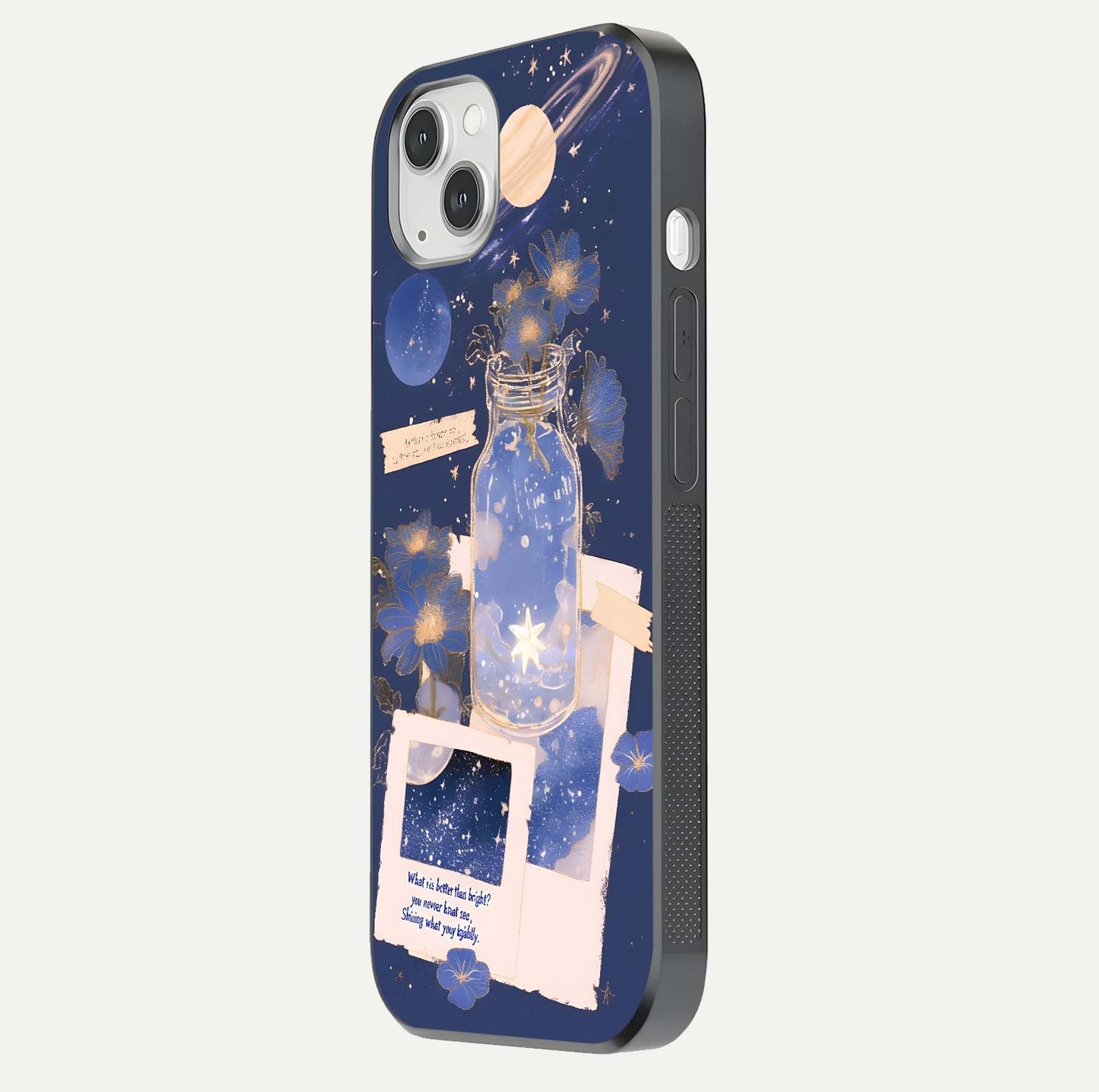 Starlit Cosmic Jar Glass Case for iPhone 14 Plus side-angle image showing glow, texture, and light reflection