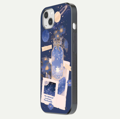 Starlit Cosmic Jar Glass Case for iPhone 14 Plus side-angle image showing glow, texture, and light reflection
