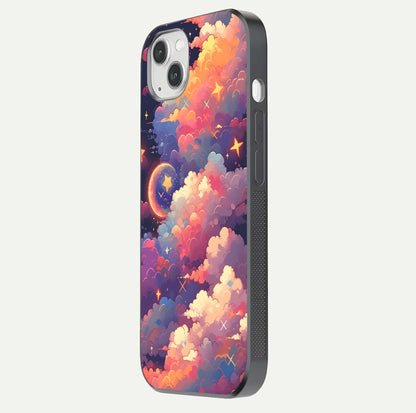 Starlit Dream Clouds Glass Case for iPhone 14 Plus side-angle image showing shine, reflection, and dreamy tones