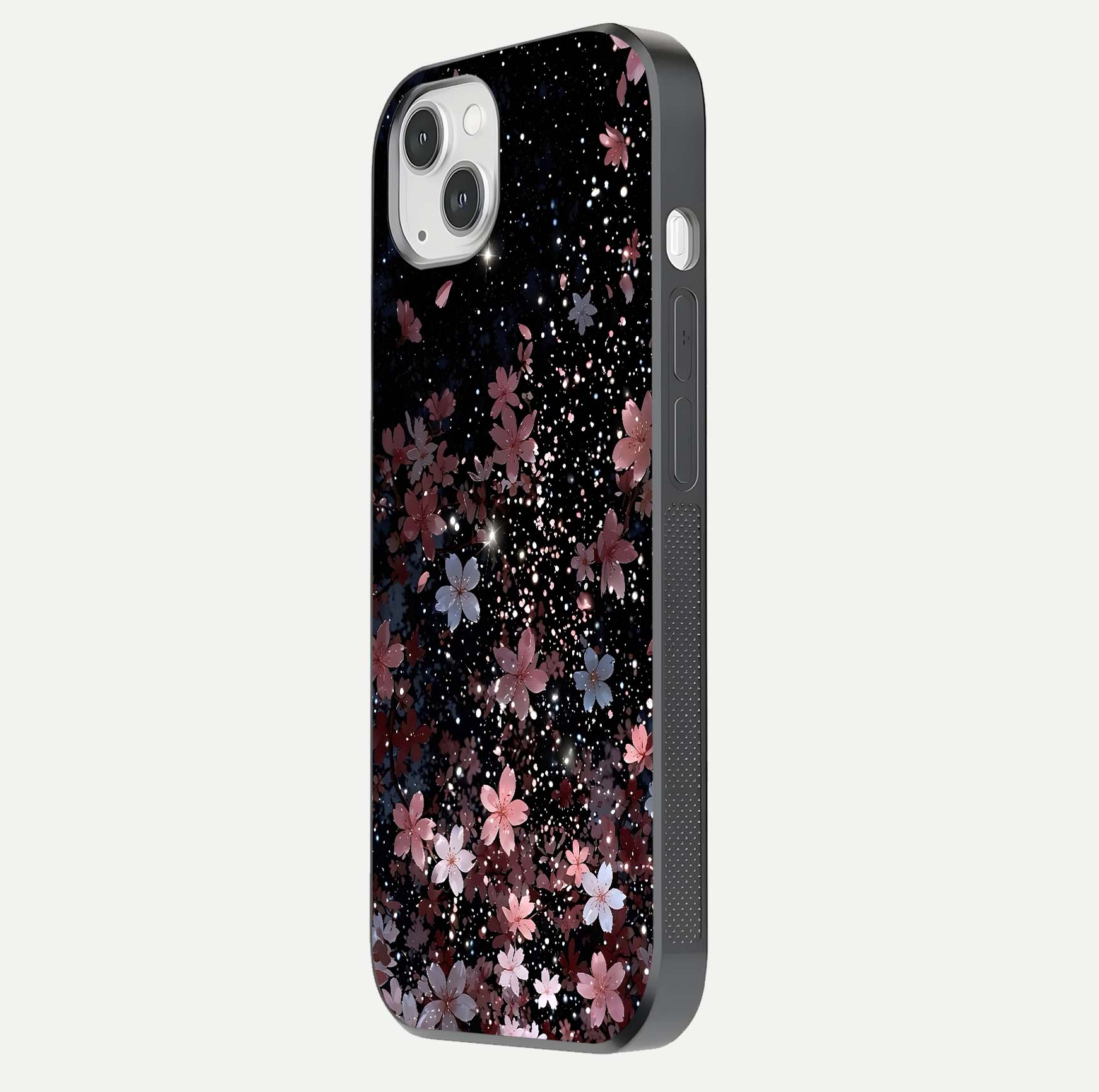 Starlit Flower Dreams Glass Case for iPhone 14 Plus side-angle image showing shine, edge detail, and floral contrast