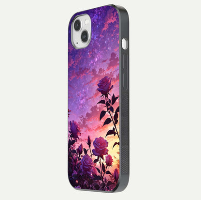 Starlit Rose Twilight Glass Case for iPhone 14 Plus side-angle image showing reflection and petal contrast