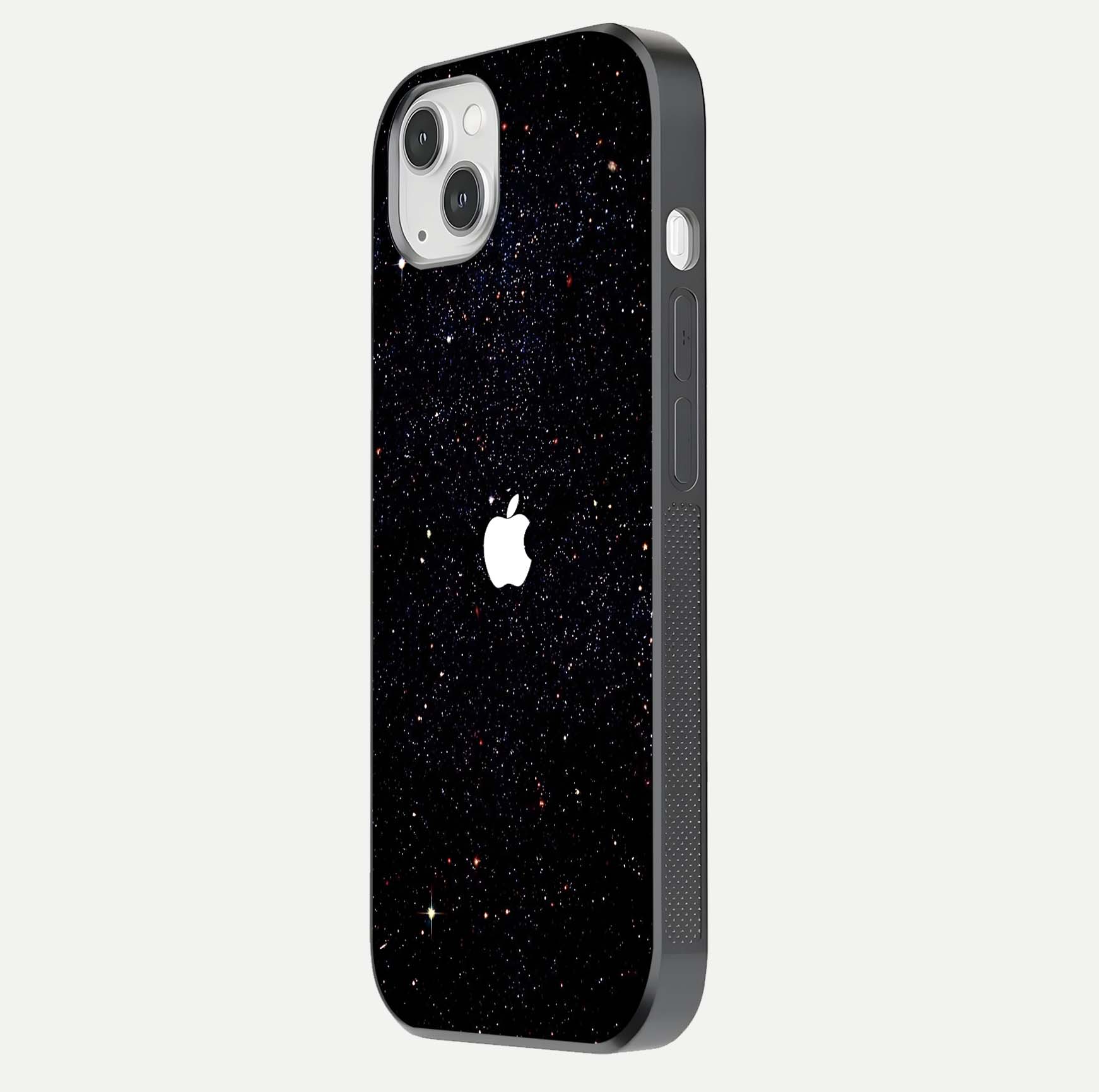 Starry Apple Galaxy Glass Case for iPhone 14 Plus side-angle image showing gloss and star pattern detail