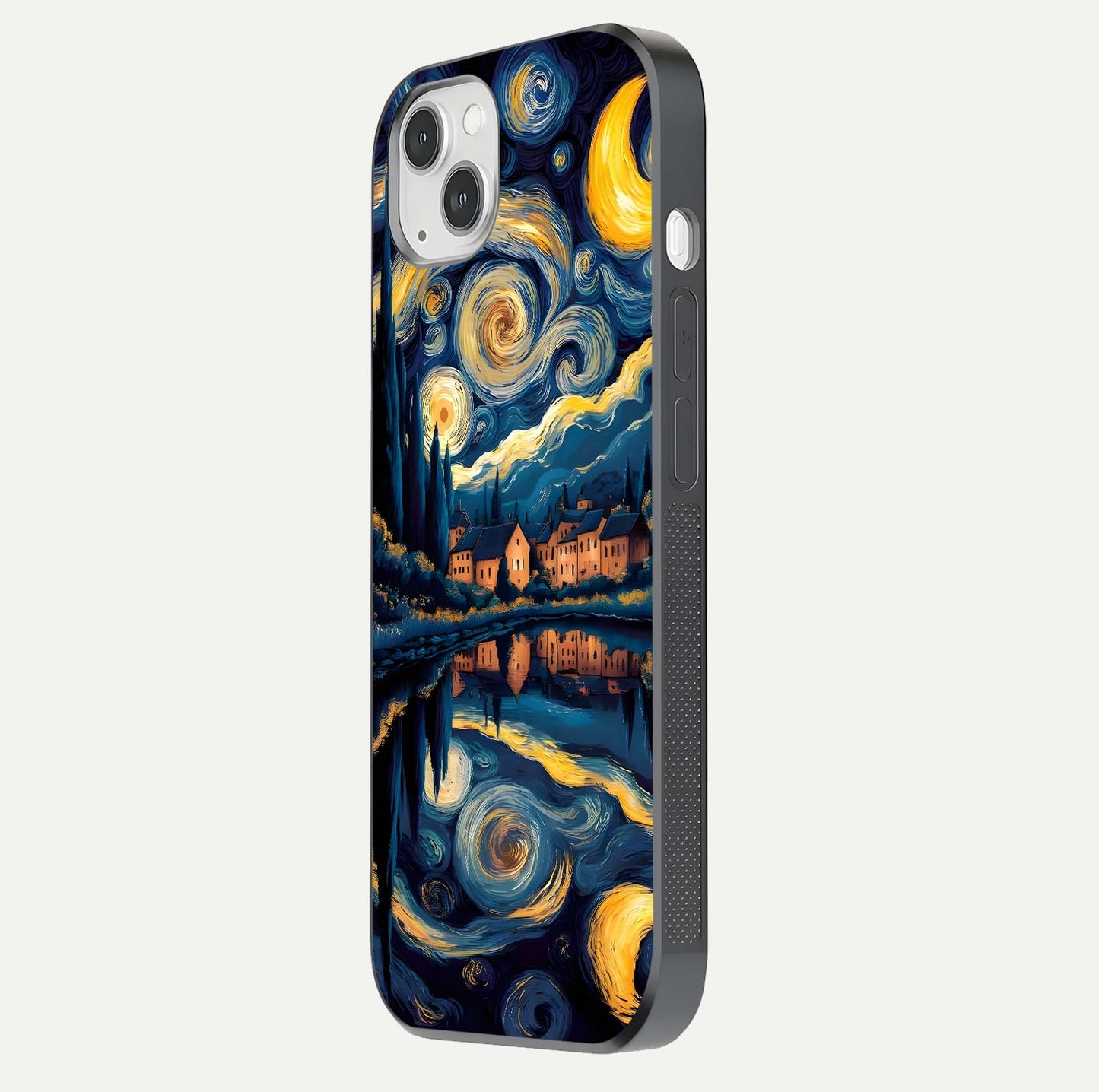 Starry Sky Serenity Glass Case for iPhone 14 Plus side-angle image showing reflection and night-sky detail