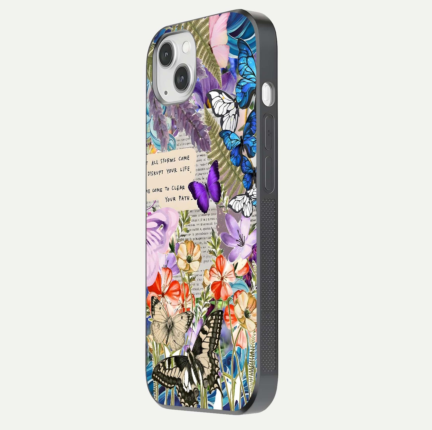 Storm Path Bloom Glass Case for iPhone 14 Plus side-angle image showing reflection, color contrast, and shine