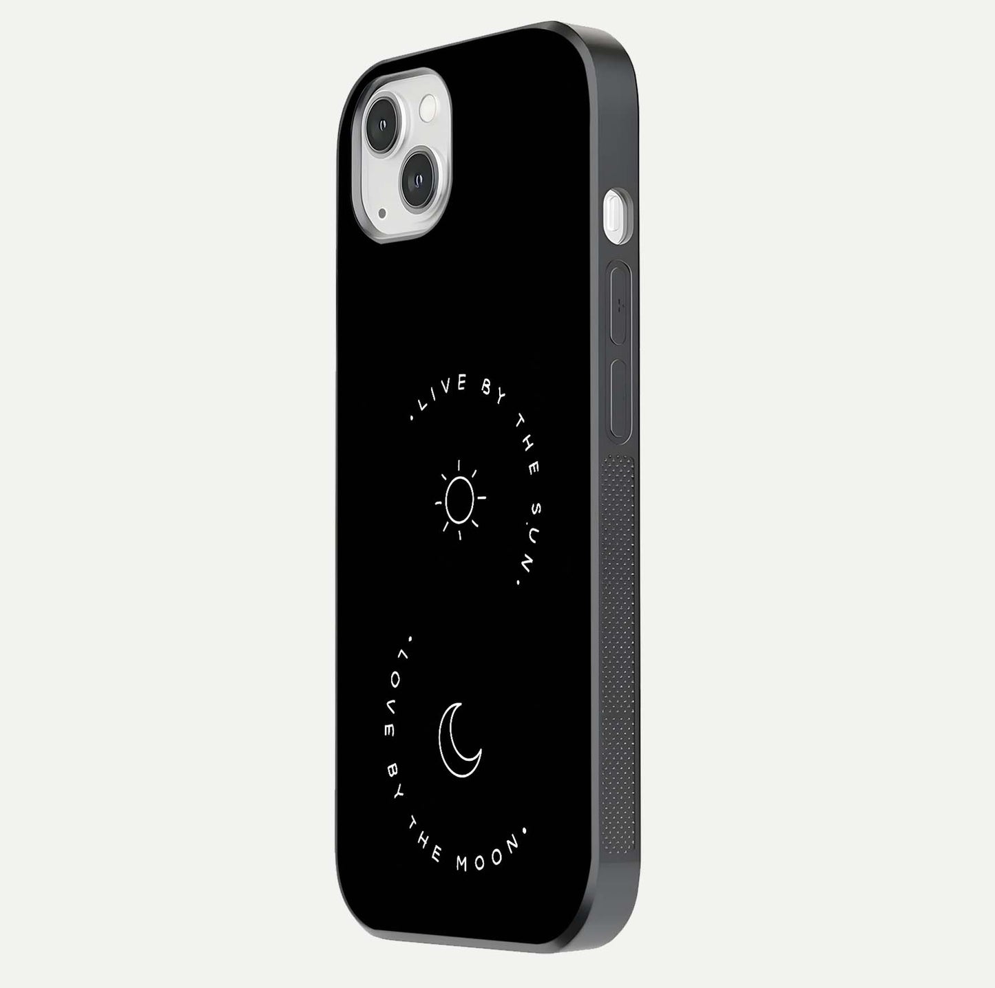 Sun Moon Balance Glass Case for iPhone 14 Plus side-angle image showing reflection and celestial detailing