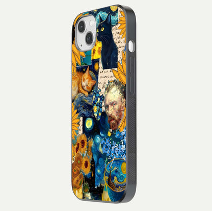 Sunflower Cat Art Glass Case for iPhone 14 Plus side-angle image showing shine, edges, and sunflower texture