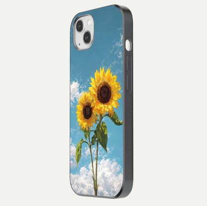Sunflower Sky Bloom Glass Case for iPhone 14 Plus side-angle image showing reflection, edges, and sunflower color