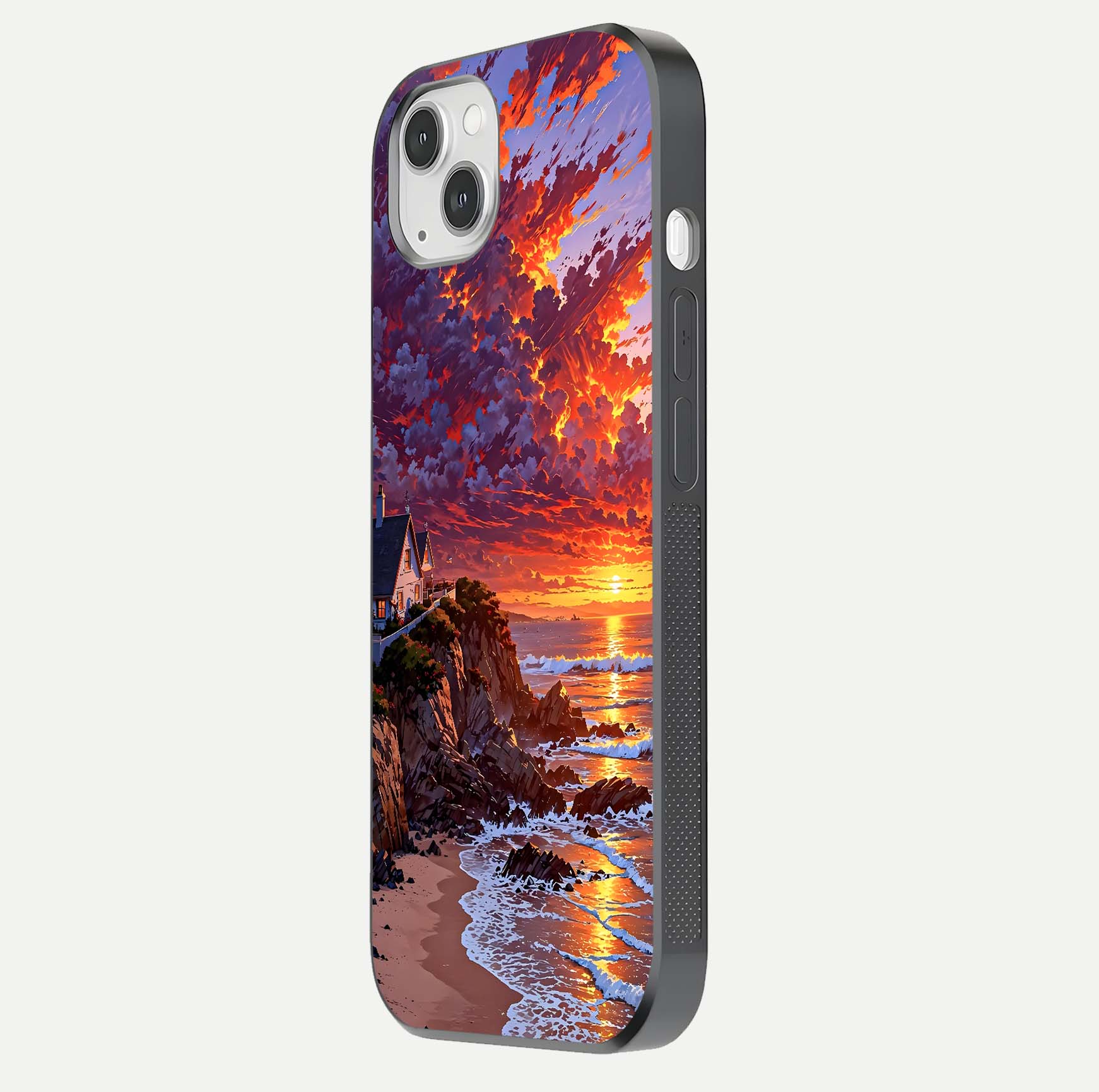 Sunset House by Sea Glass Case for iPhone 14 Plus side-angle image showing reflection and seaside color tone