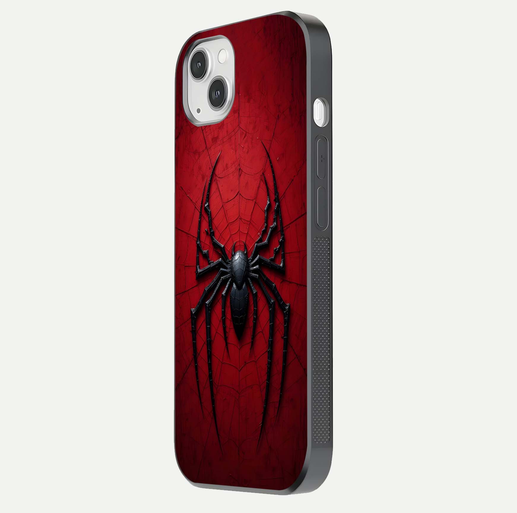 Venom Web Emblem Glass Case for iPhone 14 Plus side-angle image showing reflection and dark color tones