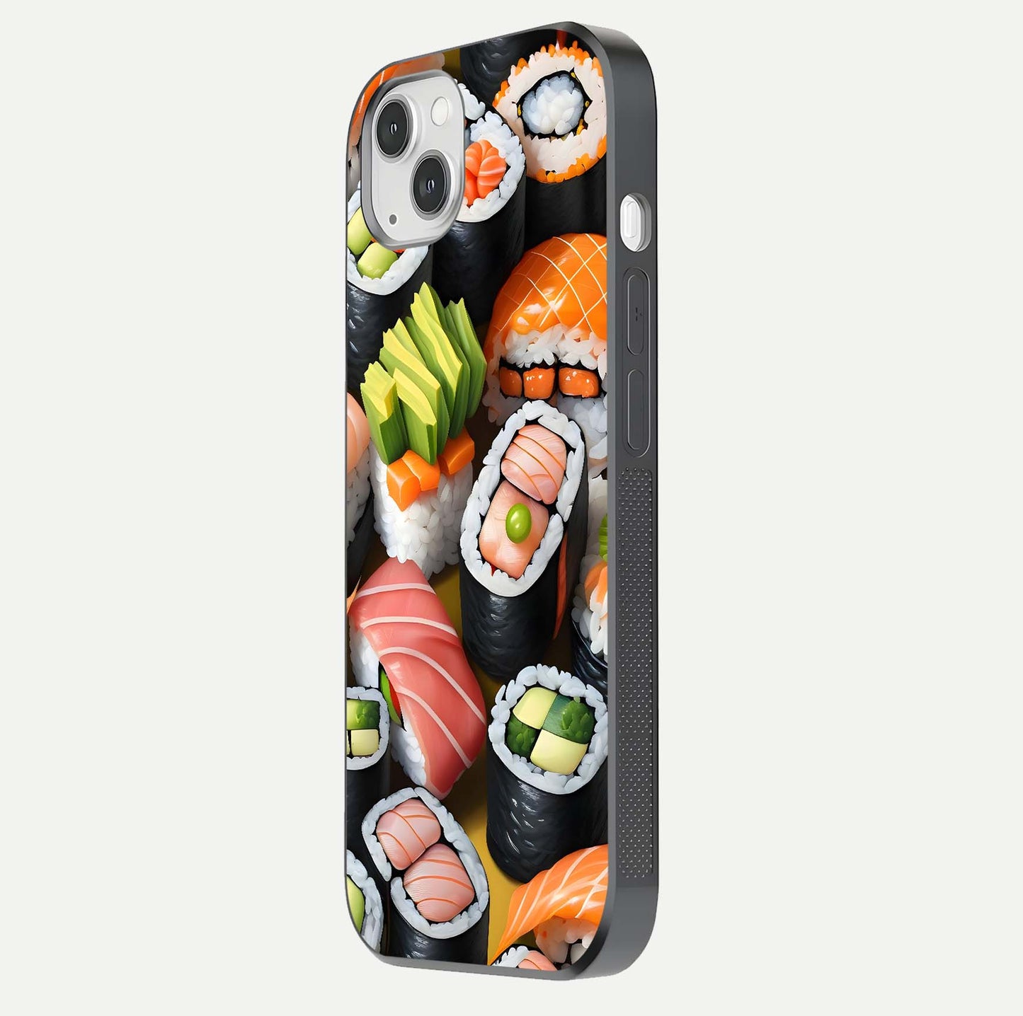 Sushi Food Pattern Glass Case for iPhone 14 Plus side-angle image showing shine, gloss, and sushi artwork