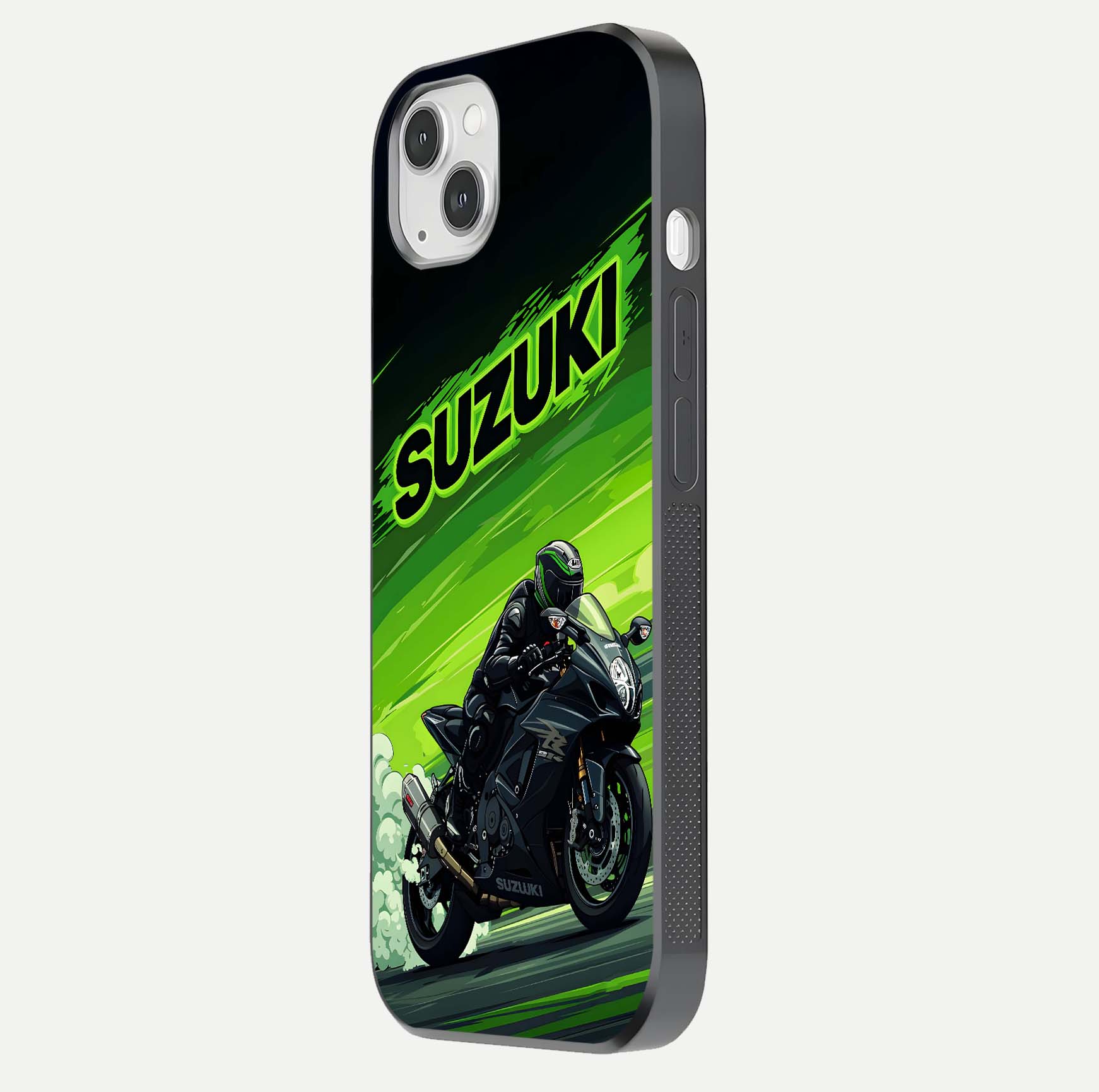 Suzuki Speed Beast Glass Case for iPhone 14 Plus side-angle image showing reflection, gloss, and car detailing