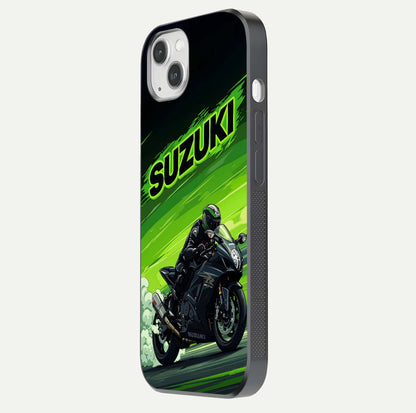 Suzuki Speed Beast Glass Case for iPhone 14 Plus side-angle image showing reflection, gloss, and car detailing