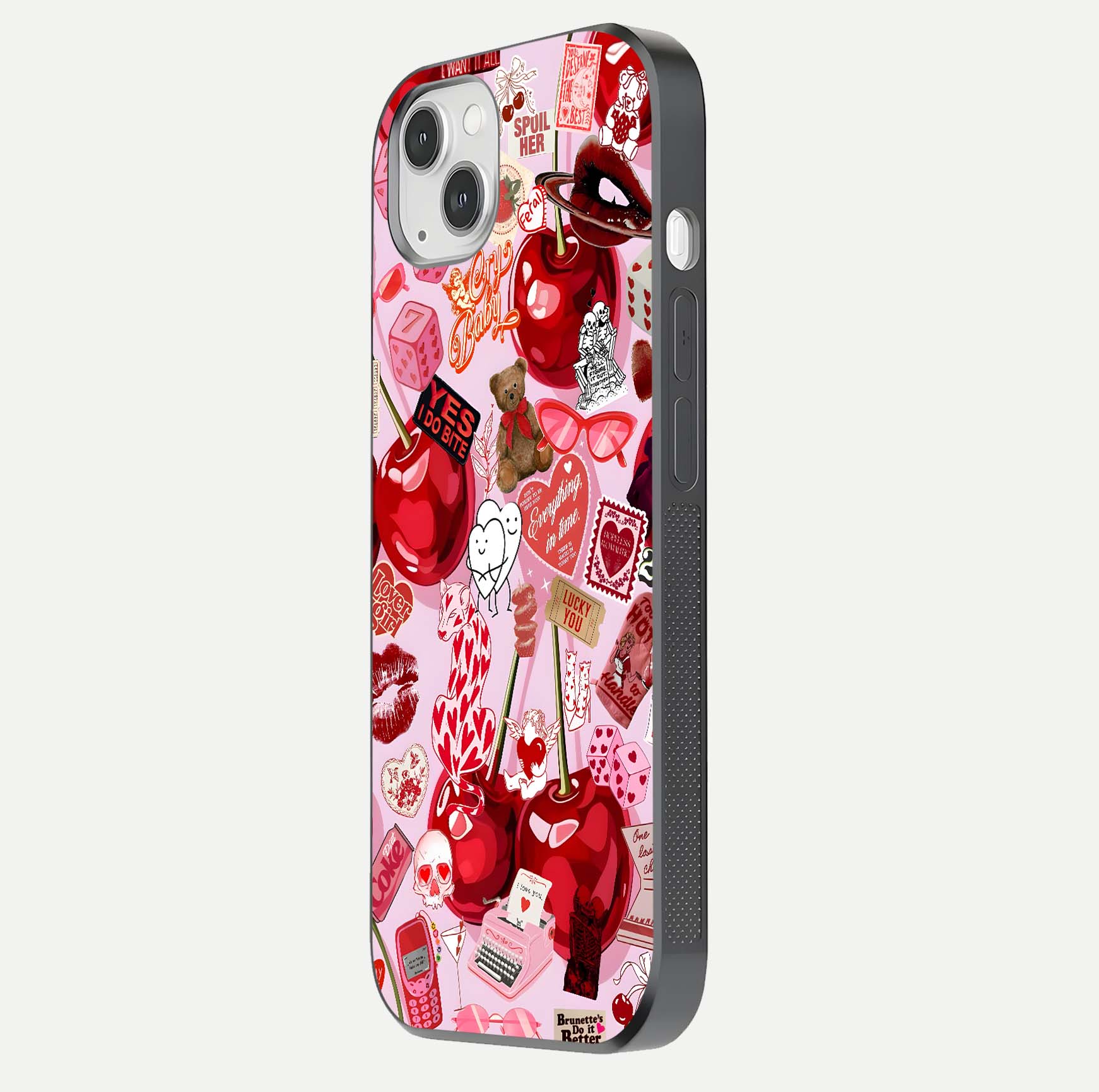 Sweet Cherry Chaos Glass Case for iPhone 14 Plus side-angle image showing shine, gloss, and cherry details