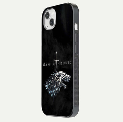 Throne Wolf Legacy Glass Case for iPhone 14 Plus side-angle image showing gloss, texture, and HD print