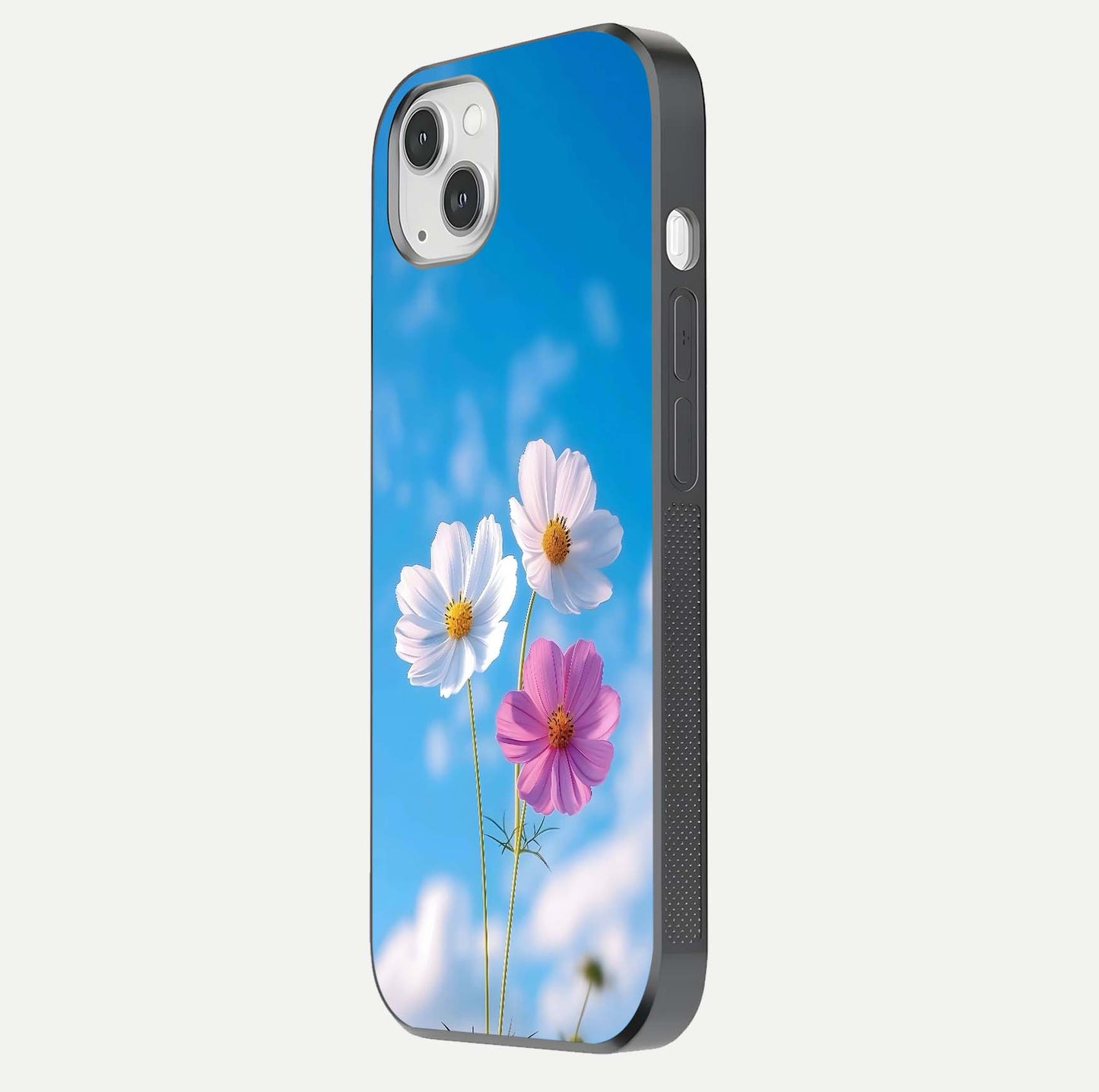 Triple Flowers With Sky Glass Case for iPhone 16 Pro side-angle image showing gloss, texture, and floral design