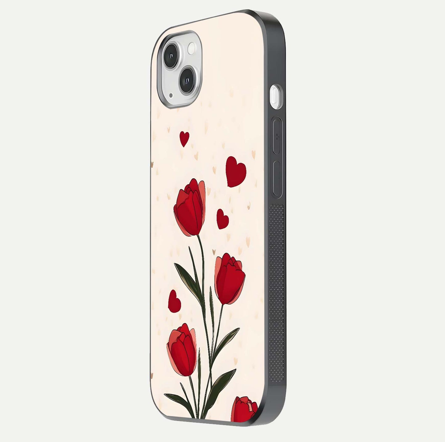 Tulip With Heart Glass Case for iPhone 14 Plus side-angle image showing floral reflection and subtle gradient