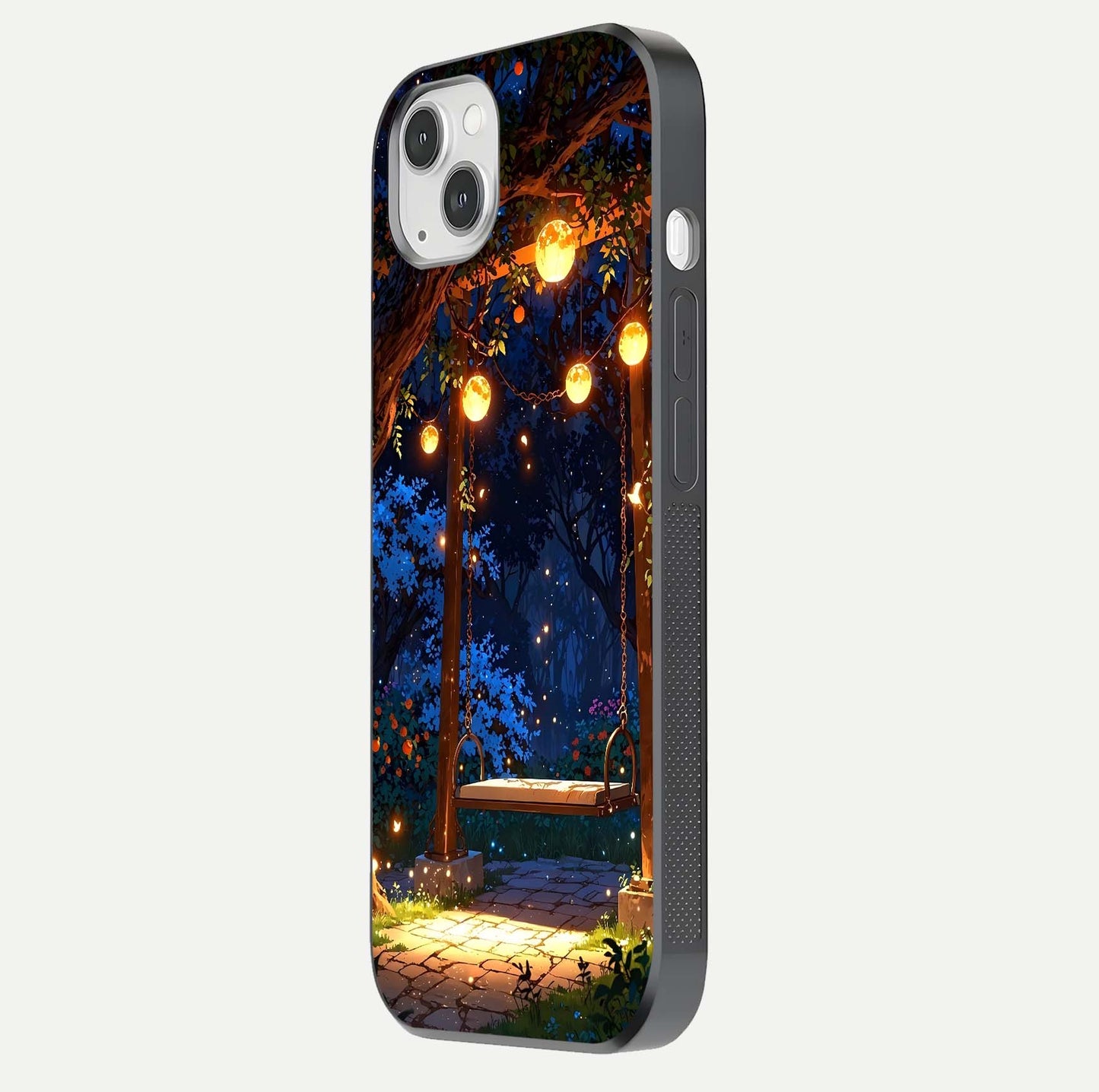 Twilight Garden Swing Glass Case for iPhone 14 Plus side-angle image showing reflection, gloss, and scenic depth