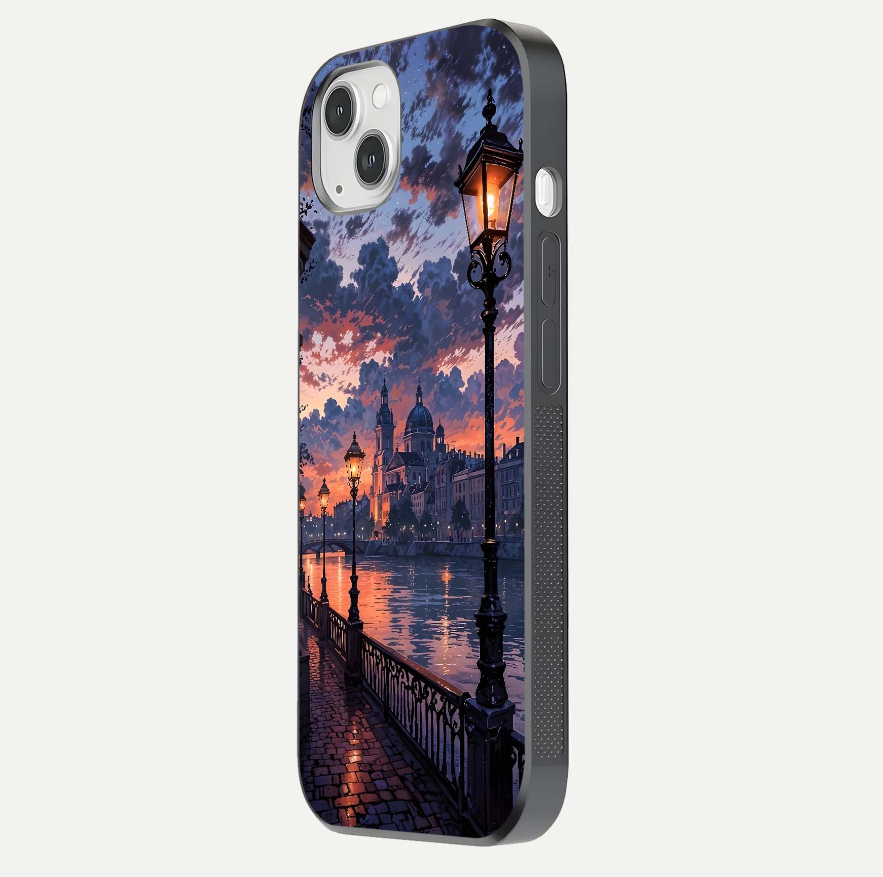 Twilight River Lights Glass Case for iPhone 16 Pro side-angle image showing reflections, lighting, and gradient tones