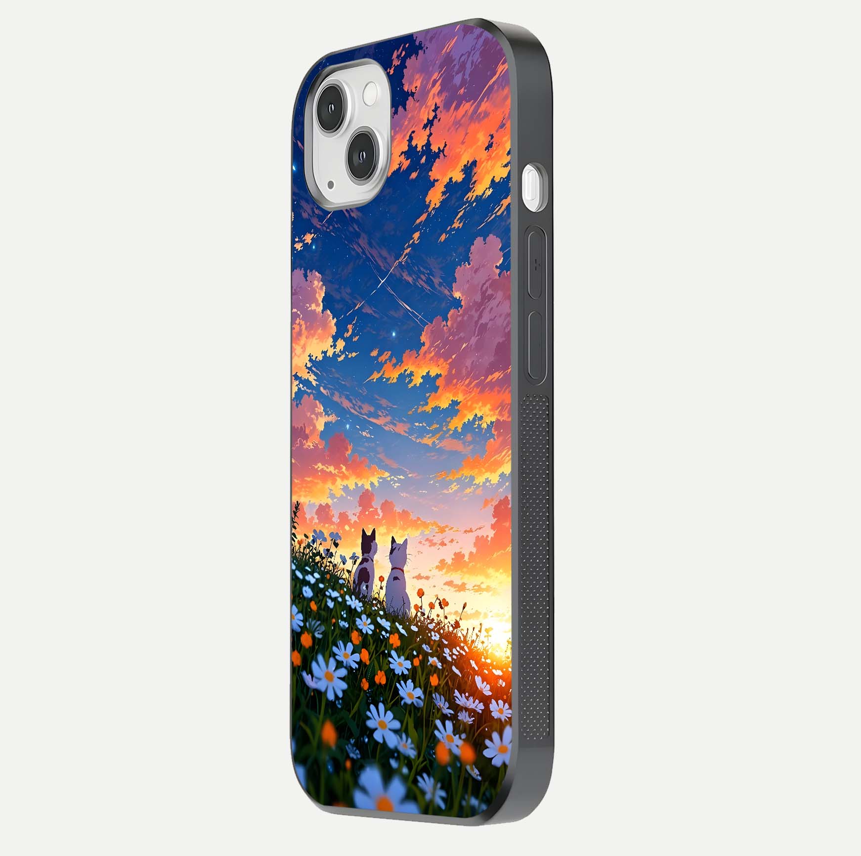 Two Cats Friends Glass Case for iPhone 14 Plus side-angle image showing reflection, gloss, and color depth
