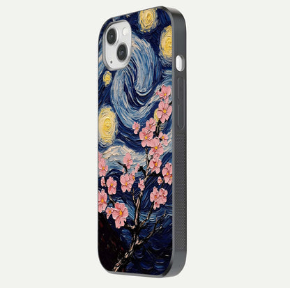Van Gogh Scenery Glass Case for iPhone 14 Plus side-angle image showing shine, gloss, and scenic color palette
