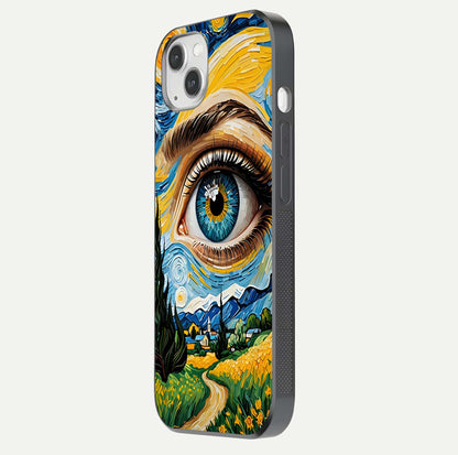 Van Gogh Eye Glass Case for iPhone 16 Pro side-angle image showing reflection, gloss, and artistic contrast
