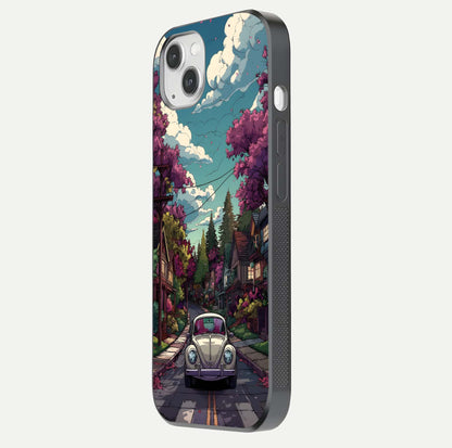 Vintage Street Drive Glass Case for iPhone 14 Plus side-angle image showing gloss reflection and design detail