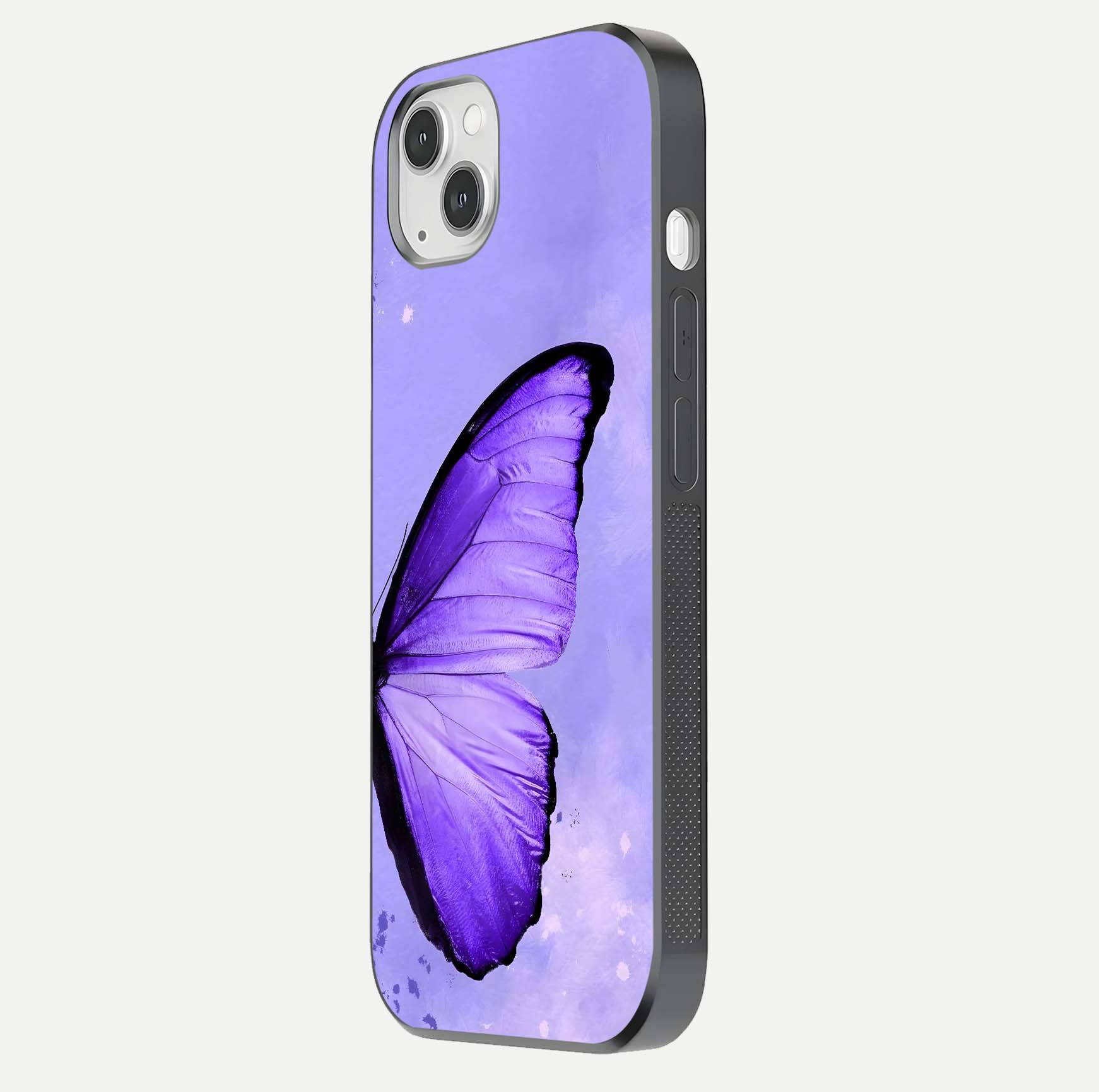 Violet Dream Wing Glass Case for iPhone 16 Pro side-angle image showing gloss, shine, and violet gradient