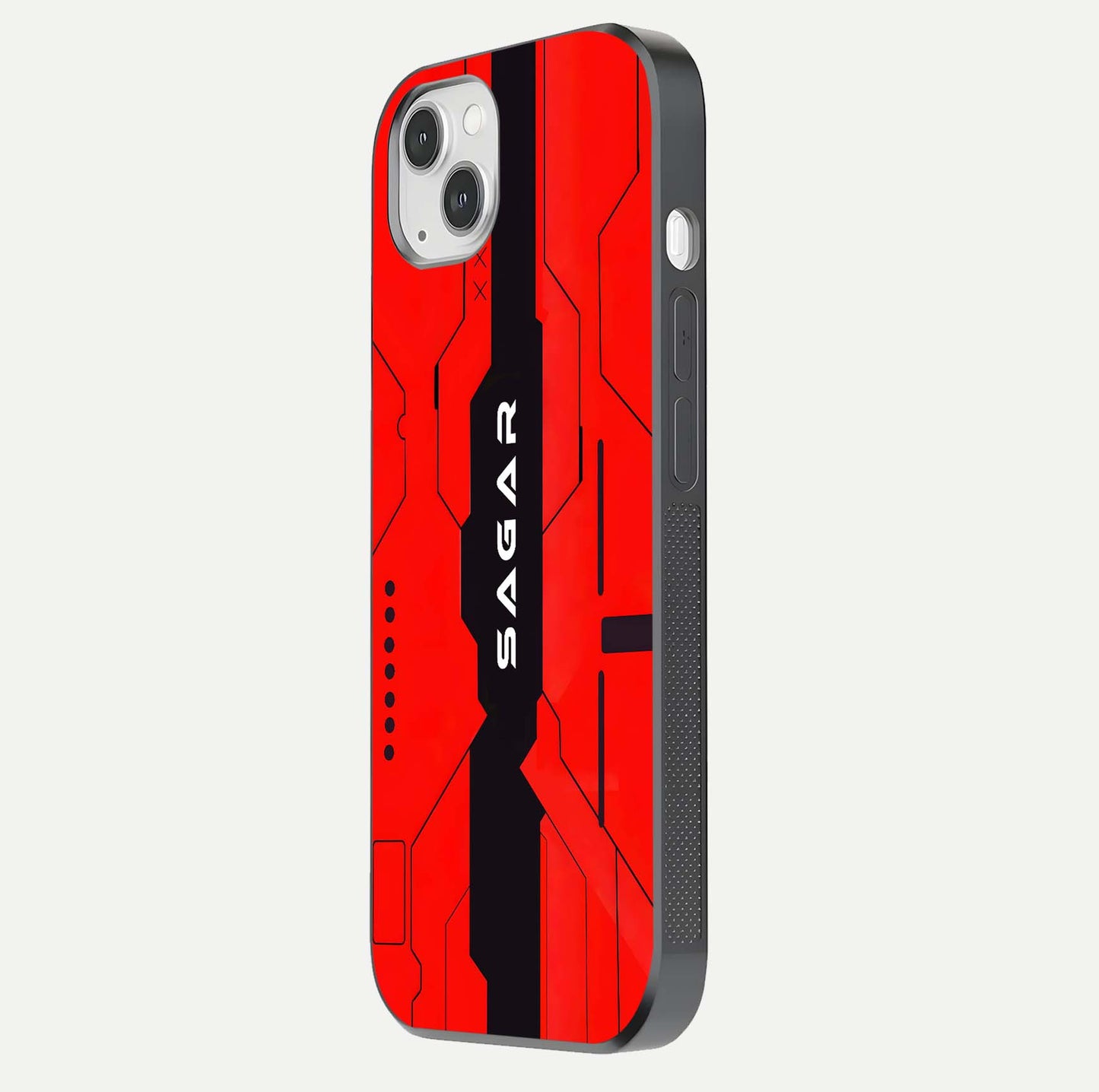 Voltage Rise CYBERPUNK Custom Name Glass Case for iPhone 14 Plus side-angle image showing gloss and cyberpunk detail