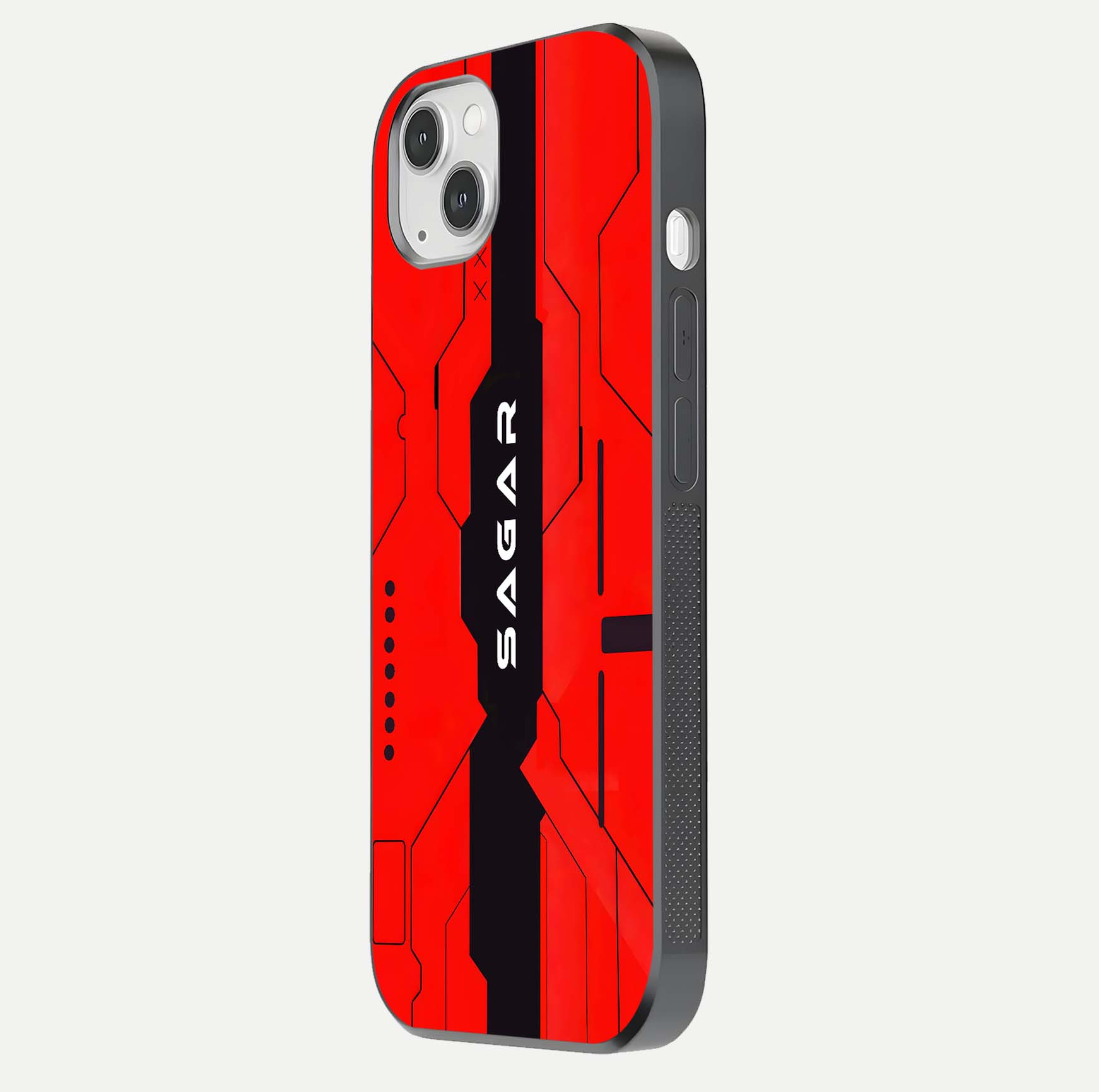 Voltage Rise CYBERPUNK Custom Name Glass Case for iPhone 14 Plus side-angle image showing gloss and cyberpunk detail