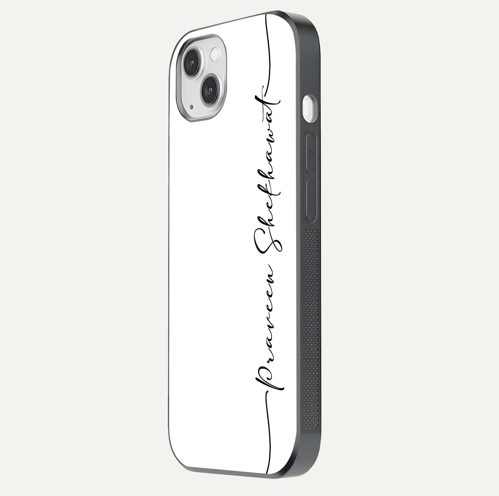 White Tune Custom Name Glass Case for iPhone 14 Plus side-angle image showing shine, gloss, and minimal tone