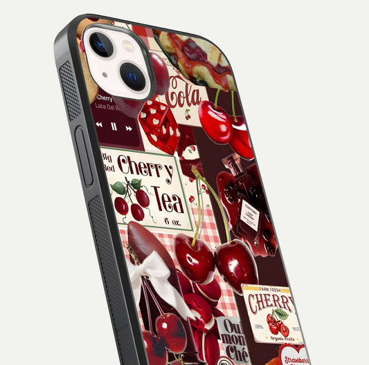 Aesthetic Cherry Tea Glass Case for iPhone 14 Plus close-up angled shot showing detailed cherry artwork, red tones, and gloss reflection