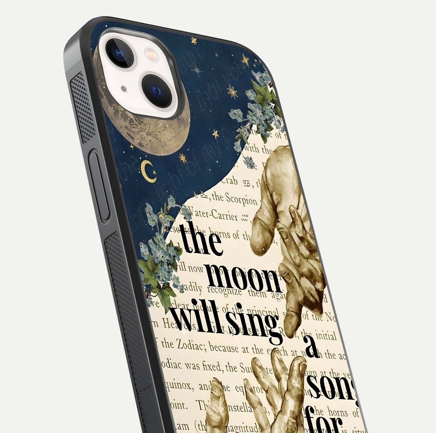 Aesthetic Divine Glass Case for iPhone 16 Pro close-up angled shot showing detailed divine artwork and gloss reflection