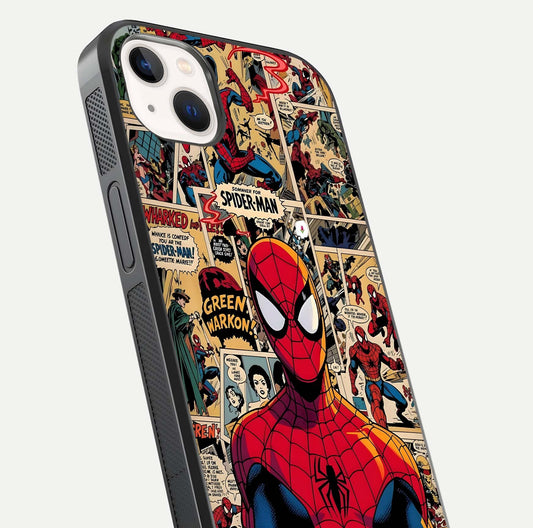 Aesthetic Spider Man Glass Case for iPhone 14 Plus close-up angled shot showing detailed Spider-Man artwork and gloss reflection
