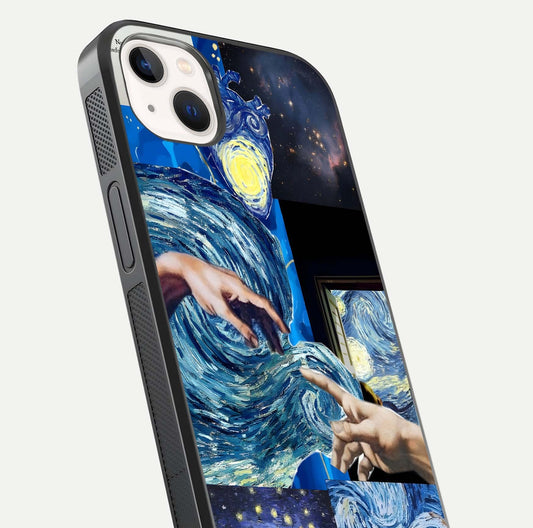 Aesthetic Vando Hands Glass Case for iPhone 14 Plus close-up angle showing fine detailing of hand artwork and glass reflection