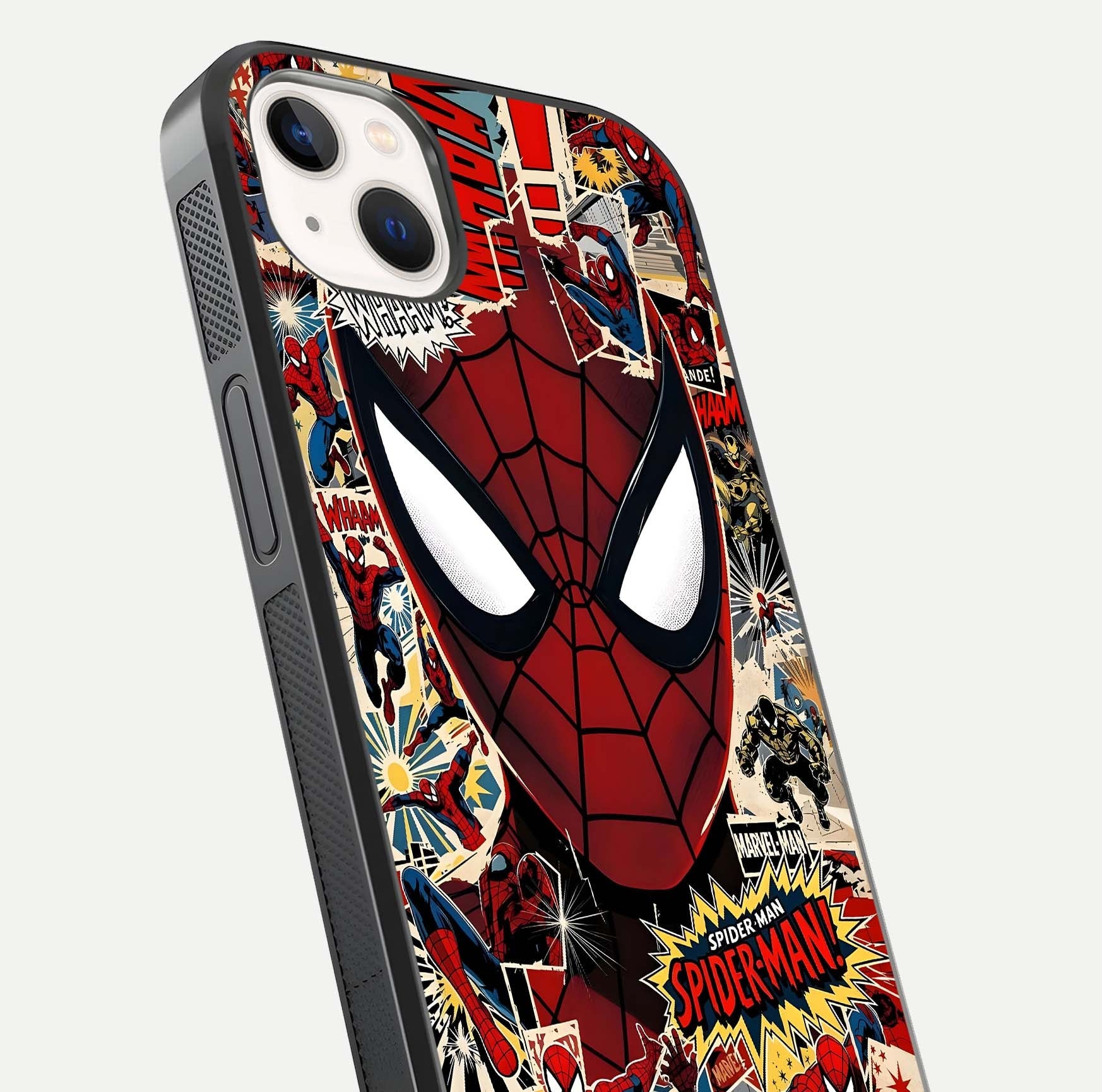 Aesthetic Wonder Spider Glass Case for iPhone 16 Pro angled close-up highlighting spider web detail and vibrant color gloss