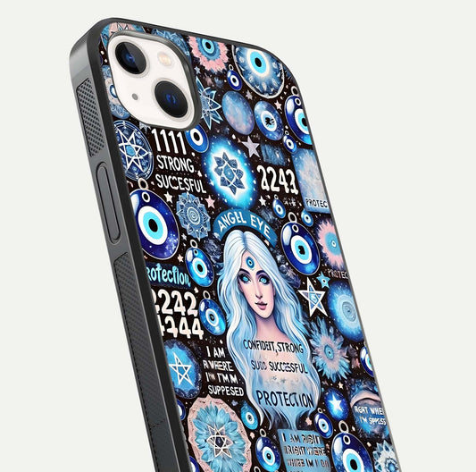 Angel Aura Shield Glass Case for iPhone 14 Plus close-up view capturing aura glow, metallic tones, and shine texture