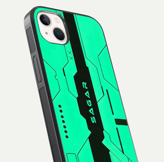 Aqua Tech CYBERPUNK Custom Name Glass Case for iPhone 14 Plus close-up angle showing futuristic blue lights and reflections