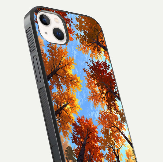 Autumn Sky Rise Glass Case for iPhone 14 Plus close-up shot of autumn tone details and HD shine reflection