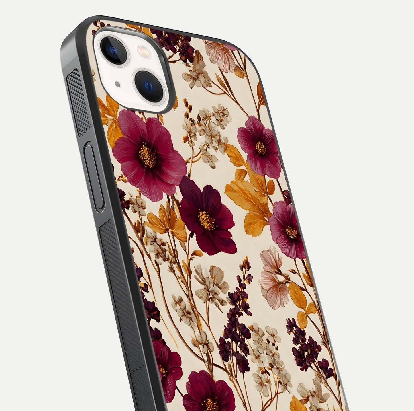 Autumn Wine Bloom Glass Case for iPhone 16 Pro close-up highlighting petal detail and gloss reflection