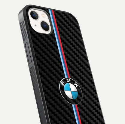 BMW Pattern Glass Case for iPhone 14 Plus close-up angle showing BMW logo detailing and high-reflect gloss texture